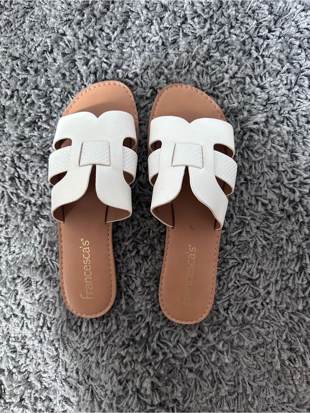 Francesca's Collections White & Tan Slide Sandals - Women's Open-Toe Slip-Ons